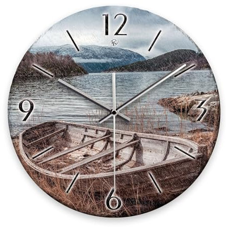 Kreative Feder Wanduhr „Boot“ aus Stein (Keramik) in Schiefer-Optik; Durchmesser 30cm; mit leisem Uhrwerk (Boot, leises Funkuhrwerk)