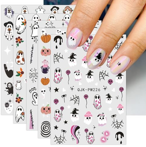 JMEOWIO 9 Sheets Halloween Nail Art Stickers Decals Self-Adhesive Pink Cute Ghost Nail Supplies Nail Art Design Decoration Accessories