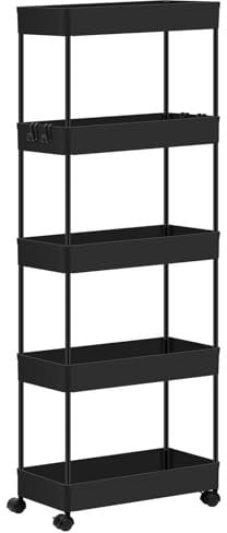 Klihome Servierwagen 5 Ebenen, Rollwagen schmal, Küchenwagen mit Rollen, Nischenwagen mit ausgehöhlten Körben, Rollregal für Küche Wohnzimmer Badezimmer, aus Kunststoff, Schwarz