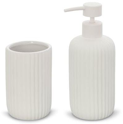 Inbagno Set Accessori Bagno 2 Pezzi in Ceramica Bianco cannettato, Dispenser Sapone e portaspazzolini Soft Touch, Spring