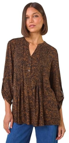 Roman Originals Pintuck Shirt for Women Ladies Jersey Blouse Collarless Top Flare Crinkle Notch Neck Tunic 3/4 Length Sleeve Longline Smart Casual Party Going Out - Amber - Size 12