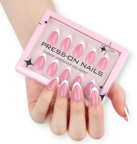 French False Nails Almond Press on Nails with Glue 30pcs White Tip Stick On Nail Fake Nails Long Lasting Gift for Women Girls (Pink French Short Almond, 30pcs)