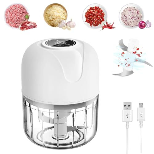 Collectale Usb Rechargebale Electric Garlic Grinder, 100ML/250ML Portable Mini Chopper Electric, Cordless Small Blender Food Processor, Electric Onion Meat Nut Chopper Vegetable Cutter (White-250ML)