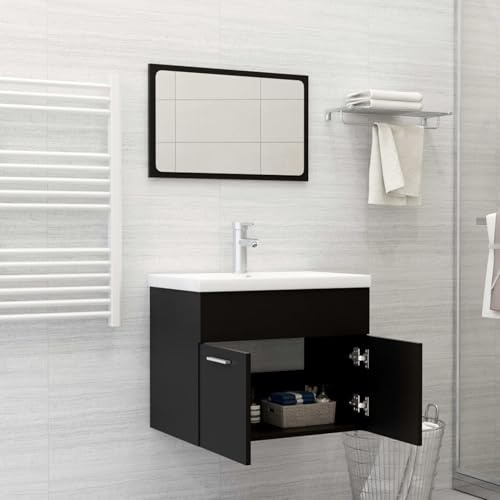 Gecheer Set di mobili da bagno nero truciolato, mobile portaoggetti con armadio lavandino, lavabo da incasso, specchio, armadio da bagno per bagno, tipo B