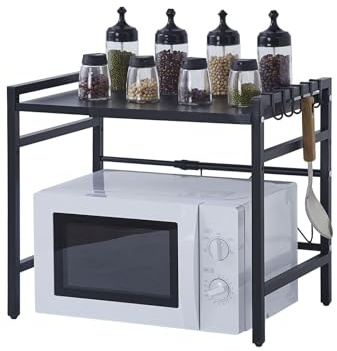 ZZINOKE Estante Microondas Extensible de 2 Niveles, Soporte microondas con 6 Ganchos, con Patas de Goma Antideslizantes,Estante de Cocina Estable, 40-60 × 35 × 45,5 cm