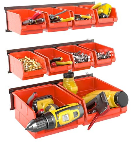 WALMANN Wall Mounted Storage Bins for Small Parts, 10 Bins with 3 Metal Rails, Plastic Bins for Screws, Bolts, Nuts, Craft Room, Workshop, and Garage Wall Storage Bins(Orange-red)