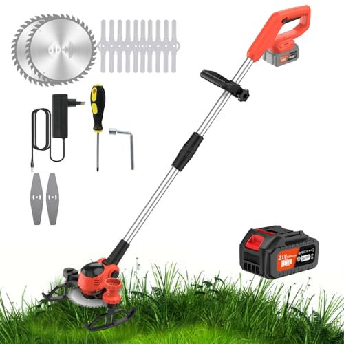 Rasentrimmer mit Akku, 21V Rasenkantenschneider mit 6000mAh Akku, Elektro-Trimmer Gartenkantenfräser mit 3 Arten Klingen für Garten und Hof (Orange mit 1 Akku)
