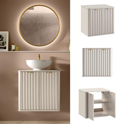 Impact Furniture Bathroom Vanity Unit Wall Hung Cabinet with Worktop Beige Fluted Modern Countertop Wall Mounted 600mm Sink Unit with Soft Close Luxury Ribbed Cashmere Doors Slim Narrow Design