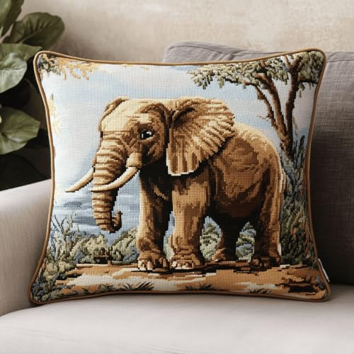 Henypt Knüpfhaken Set Kissen Elefant Knüpfkissen Zum Selber Knüpfen 43X43cm DIY Kissenbezug Zierkissen 3D Dekokissen Sofakissen für Sofa Schlafzimmer Zuhause Dekor