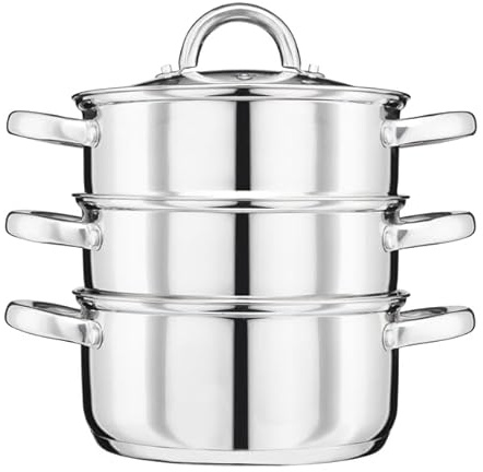 Cooks Professional 3 Tier Stainless Steel Steamer Pan | Durable Vegetable Steam Cooker Pots with Glass Lid, Vent & Twin Handles | Suitable for All Hobs Inc Induction | Dishwasher Safe | 16cm Diameter
