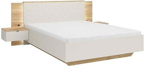 PEGANE Lit Coffre 160x200 avec 2 chevets à LED+USB, Coloris Chêne mauvella/Beige - Longueur 310,5 x Profondeur 167 x Hauteur 110/42,5 cm