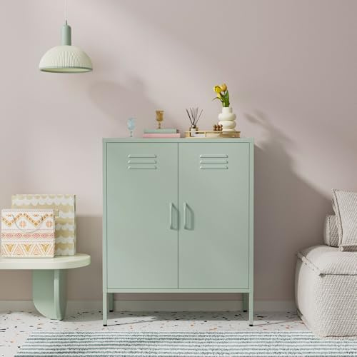 Lendo Online Metall Sideboard – Industrieller Aufbewahrungsschrank für Wohnzimmer – 80x40x100 cm – Kommode - Pulverbeschichtet Stahl (Grün)