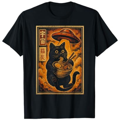 Retro UFO Cat Eating Noodles Ramen Japanisches Poster Sci Fi T-Shirt