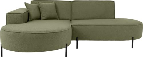 WFL GROUP Ecksofa 3-Sitzer im Loft-Stil, Skandi-Design – L-Form, Ecke Links – Hohe Metallfüße – inkl. Dekokissen, weiches Boucle – Grün