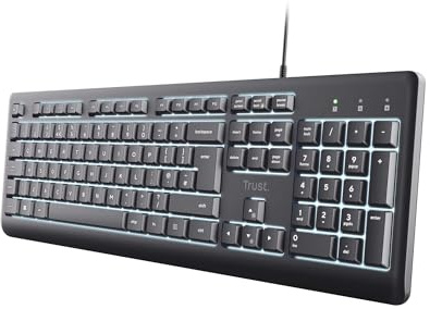 Trust Primo Illuminated Keyboard QWERTY UK Layout, Black | USB-C / USB-A Cable 1.8m, Silent Low-profile Keys, Spill-resistant Design, Wired Keyboard for PC, Laptop, Windows, Mac