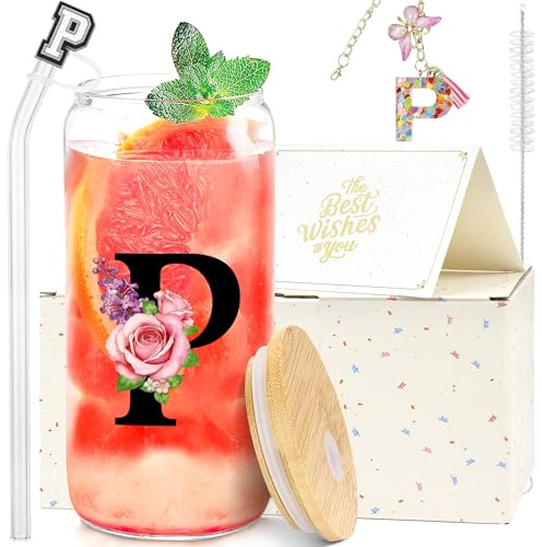 ZIOSINM Vasos de Cristal con Tapa y Pajita Personalizados (P) | Llavero Inicial, Regalo Mujer para El DíA de La Madre, San ValentíN o Navidad