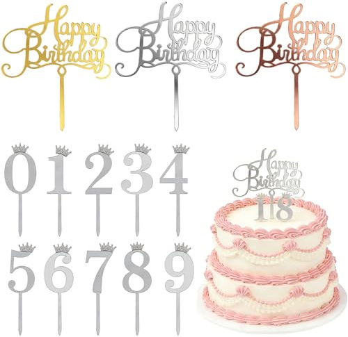 Yxelydriail 13Pcs Gold Acrylic Cake Topper, 0-9 Numbers Acrylic Cake Toppers Happy Birthday Cakes Topper, Reusable for Birthday Wedding Party (Silver)