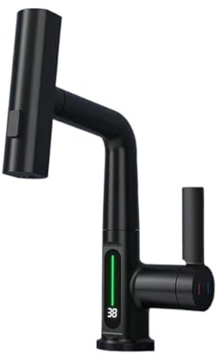 Temperature Digital Display Basin Faucet for Bathroom Pull Out Waterfall Stream 3 Way Sprayer Hot Cold Water Sink Mixer Wash Tap(Black)