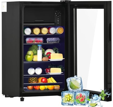 Sweiko Réfrigérateur à Vin et Boissons 76L, Mini Frigo Compresseur avec Porte en Verre, 6L Congélateur, Silencieux 43dB, refrigerateur compact pour Bureau et Salon (Black-3)
