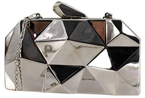 AiSi Damen Geometrische Metall Clutch Abendtasche mit Kette (Silber)