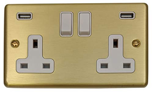 G&H CSB910W Standard Plate Satin Brushed Brass 2 Gang Double 13A Switched Plug Socket 2.1A USB