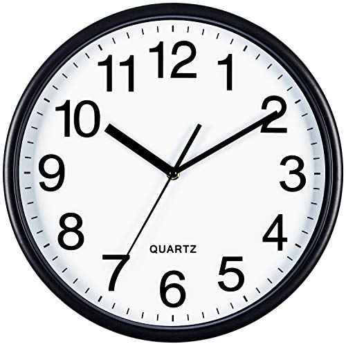 Bernhard Products Black Wall Clock, Large 13-Inch Silent Non Ticking Quartz Battery Operated Round Easy to Read Classroom/Home/School/Office Clock