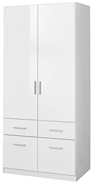Rauch Möbel Salvador Kleiderschrank, Drehtürenschrank, 2-türig, 4 Schubkästen, inkl. 1 Kleiderstange, Farbe Alpinweiß/Hochglanz weiß, BxHxT 91x197x56cm
