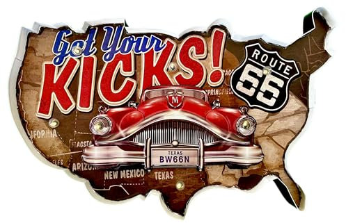 Leuchtschild Retro-Schild Wandschild im Vintage-Stil LED Schild für Garage Dekoschild Zubehör für Wohnkultur 50er Jahre Haus Dekoration Retro Leuchtkasten Metallhandwerk (Get Your Kicks Route 66 Auto)