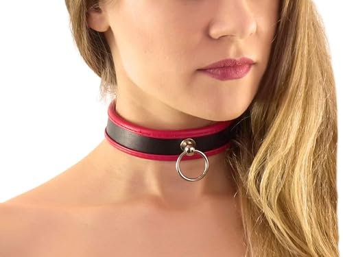 Halsfessel mit Ring der O schwarz rot Slave Halsband schmal Bondage Leder Style (rot-schwarz)