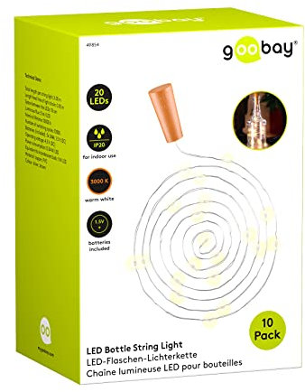 goobay 49854 10er Set Flaschenlicht, 2m Lichterkette mit 20 LED zum Einlegen in Flaschen, Deko Licht mit Batterien im Korken, Silber, Hellbraun