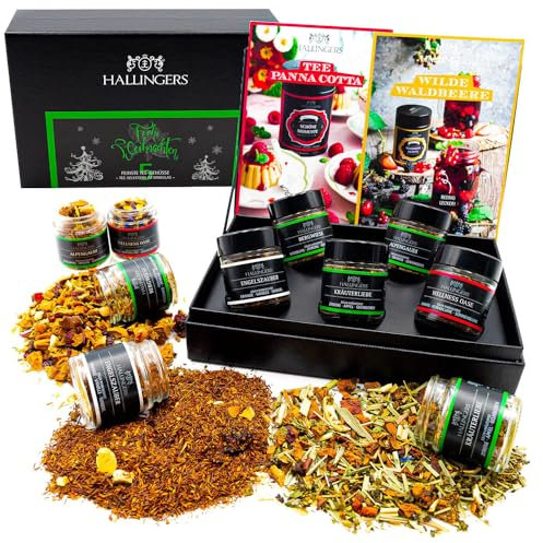 Hallingers Frohe Weihnachten GREEN - Weihnachtliche 5 Sorten Tee Geschenkset mit Box vegan, Geschenk zu Weihnachten in Schraubgläsern (Set) - Geschenk im Sommer & als perfektes Grillgeschenk | Genesun