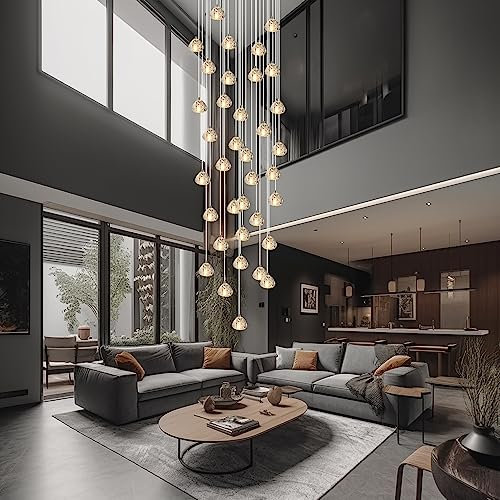 KJLARS Lustre Moderne En Cristal Pendentif Lumière LED Goutte De Pluie Suspendus Lumières Haut Plafonnier Luminaire pour Salon Salle À Manger Couloir Hall Escalier G4 Ampoules (36 lumières)