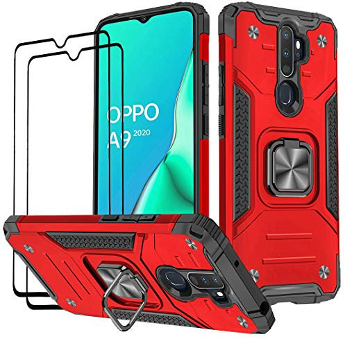 KANSi Coque Compatible pour Oppo A9 2020 / A5 2020, Verre Trempé [2 Pièces] Housse TPU Silicone Rotation 360° Aimant Anneau Support Double Défense Protection Etui pour Oppo A9 2020/A5 2020 - Rouge