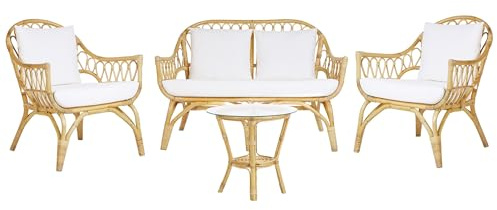 Lounge Set natürlicher Farbton 4er Sitzer Rattan Auflagen Weiß Sibari