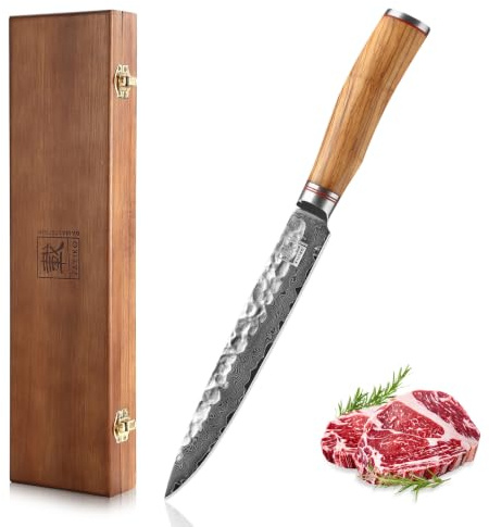 zayiko Minami Tranchiermesser und Fleischmesser mit 20 cm Damaststahlklinge | 67 Lagen mit VG10 Kern, Hammerschlag und Olivenholzgriff, inkl. Holzbox, für Braten, Steak, Geflügel und präzise Zugschnitte.