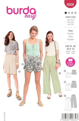 Burda Style Katalog-Schnittmuster Luftige Hosen in verschiedenen Längen | Damen, Gr. 34-48 | Nählevel: Sehr leicht #6008