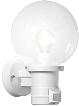 Moderne LED Außenwandleuchte mit Bewegungsmelder und großer Glas Kugel, Weiß