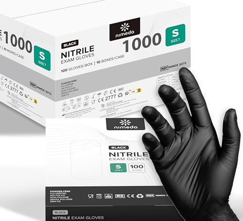 Kemes Lot de 1000 gants jetables en nitrile sans latex sans poudre, Nitrile - Tailles S (Taille S, noir, 1000 pièces)