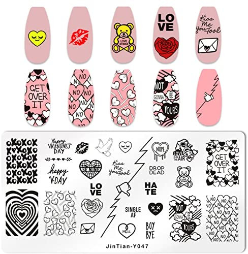RUNRAYAY Love Style Nail Art Stamping Template, Heart Lip Word Bear Image Nail Plates Nail Supplies, 1Pc Mix Pattern Vintage Nail Templates for Printing Stencil Tools