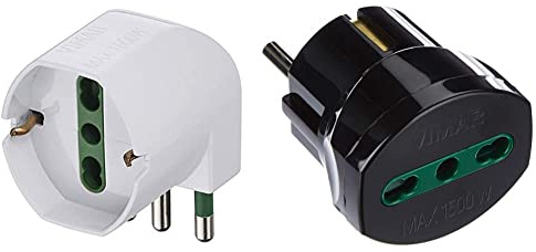 Vimar RI.00305.B Adattatore semplice SICURY 250 V~ sfalsato, max 1500 W, spina 2P+T 16 A standard italiano tipo S17 & RI.00301N Adattatore elettrico tedesco/francese