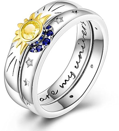 Hapour Selestial Sun and Moon Ring-Set Sterlingsilber-Mondschmuck stapelbare himmlische Ringe Freundschafts-Versprechensring Geschenk für Sie Frauen und Mädchen Ringgröße 6