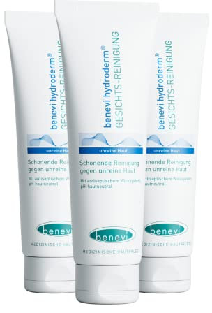 benevi hydroderm Gesichts-Reinigung 3 x 125 ml für unreine und zu Akne neigende Haut auch begleitend bei einer Akne-Therapie reinigt schonend und beseitigt zugleich effektiv den störenden Fettglanz