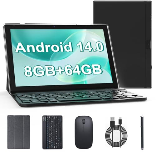 YQSAVIOR Android 14, tablet de 10 pulgadas, tableta 2 en 1 con teclado, 8 GB+64 GB+1 TB, Quad Core, pantalla HD de 1280 x 800, cámara dual, Wi-Fi, tabletas de computadora BT con estuche y lápiz