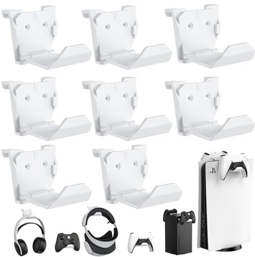 KUNSLUCK Lot de 8 supports muraux pour manette PS5, Xbox, Switch, support mural pour manette et casque, installation adhésive/vis (blanc)