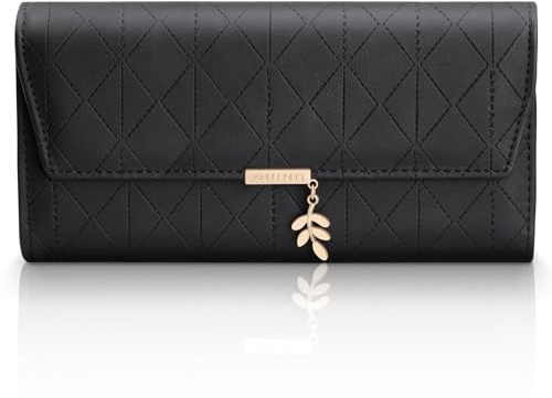 Aucuu Portefeuille Femme en Cuir PU, Petit Porte Monnaie, Porte-Monnaie en Cuir, Porte Monnaie Femme, Porte Feuilles Longue Pliable avec Zippé et Slots de Carte de crédit Cash ID - Noir
