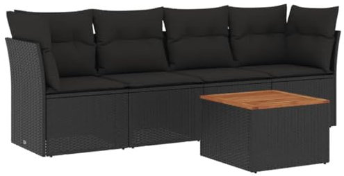 vidaXL Garten Sofa Garnitur 5-TLG., Gartenmöbel Set mit Kissen, Sitzgruppe für Garten Terrasse, Modular Gartensofa Lounge Tisch, Schwarz Poly Rattan