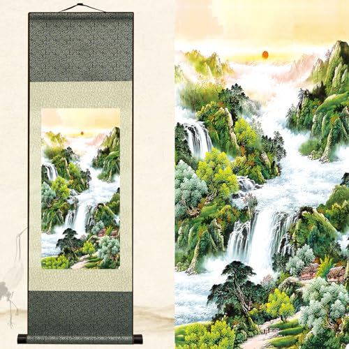 Newscz Asiatische Wandkunst, vertikales Kunst-Wandbild für Wohnzimmer, Seidenrolle, Malerei, grüne Felder und blaue Berge, Landschaftsmalerei, Kunstposter, orientalische Dekoration, Wandrolle, 91,4 x