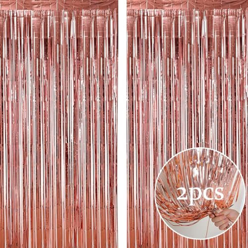 2pcs 3.2ft x 6.5ft Foil Fringe Curtain Door Curtains, Metallic Tinsel Curtains Streamers for Birthday Graduation Wedding Engagement Bridal Shower Bachelorette Holiday Party Decoration (Rose Gold)