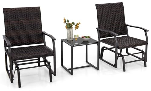 COSTWAY Ensemble de Meubles 3 Pièces de Patio Coulissants Charge 180KG, Salon de Jardin 2 Fauteuils en Rotin avec Mousse à Séchage Rapide Table Basse en Verre Trempé, Marron