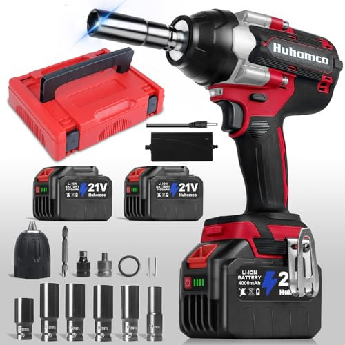 Huhomco High Torque Impact Wrench Set 1300Nm Cordless with 2PCs 4000mAH Battery and Charger, 1/2 Battery Power Impact Gun for Cars